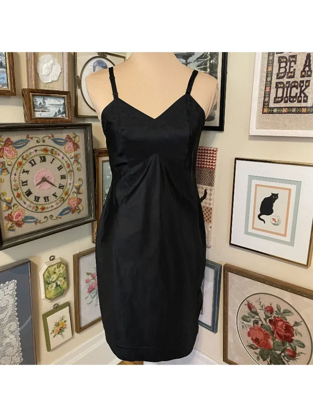 50s Vintage Opaque Black Nylon Slip Dress w/ Adjustable Straps & Side Zipper S - Picture 1 of 5